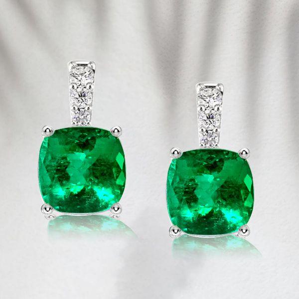 Emerald Green Cushion Cut Drop Earrings - 925 Sterling Silver