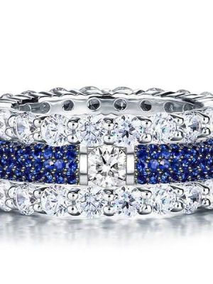 Stackable Two Tone White and Blue Sapphire Band Set in Sterling Silver