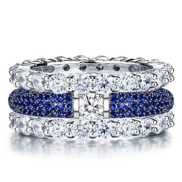 Stackable Two Tone White and Blue Sapphire Band Set in Sterling Silver