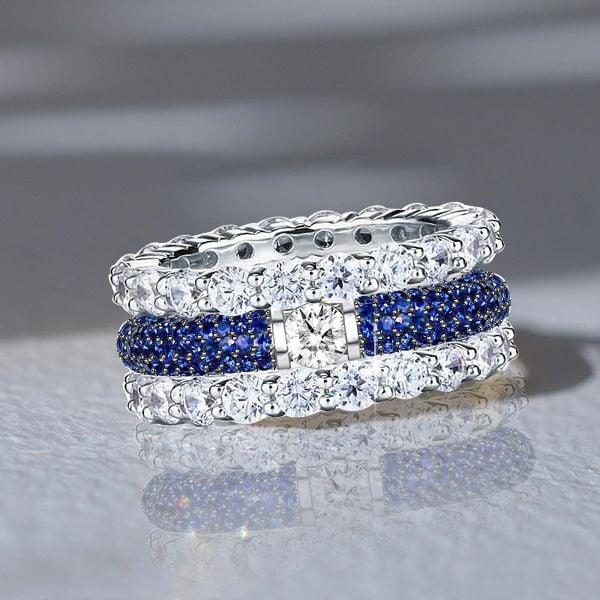 Stackable Two Tone White and Blue Sapphire Band Set in Sterling Silver