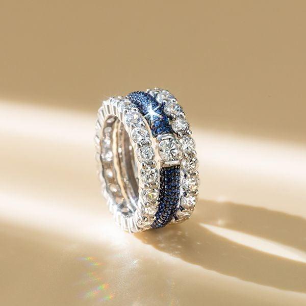 Stackable Two Tone White and Blue Sapphire Band Set in Sterling Silver
