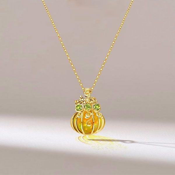 Halloween Pumpkin Opal Necklace Pendant | 18K Gold Plated Sterling Silver Jewelry