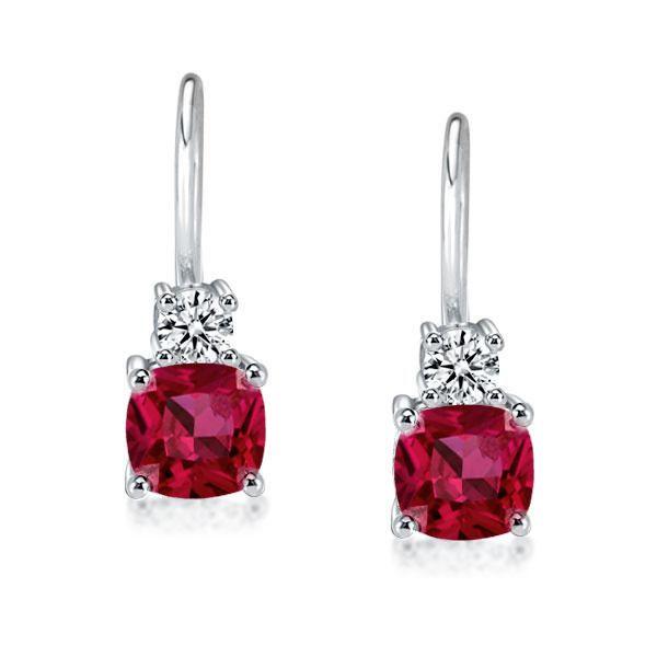 Ruby Drop Earrings for Women - Sterling Silver Cushion & Round Cut