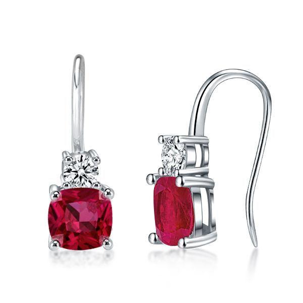 Ruby Drop Earrings for Women - Sterling Silver Cushion & Round Cut