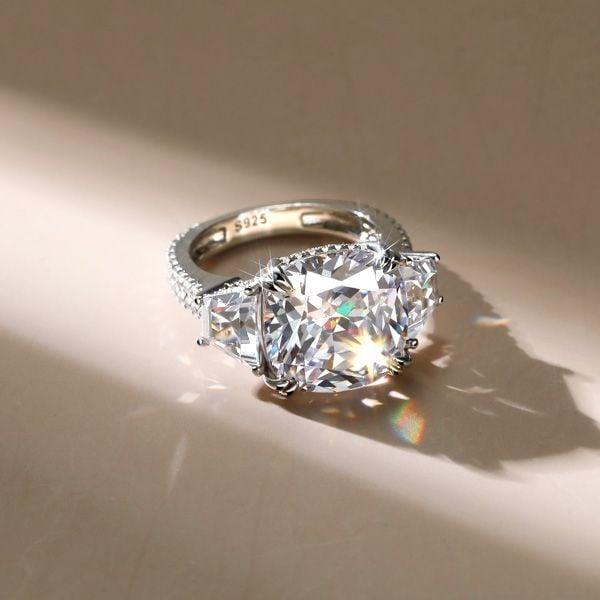 Double Prong Three Stone Engagement Ring in Rhodium-Plated Sterling Silver