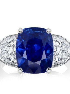 Cushion Cut Blue Sapphire Three Stone Engagement Ring - Sterling Silver