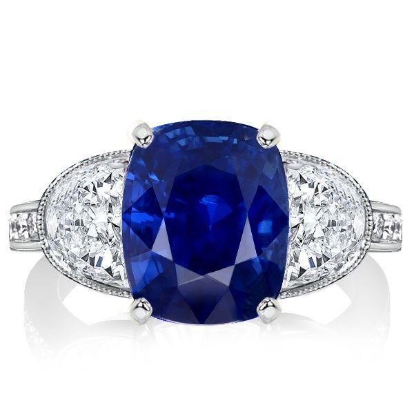 Cushion Cut Blue Sapphire Three Stone Engagement Ring - Sterling Silver