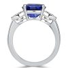 Cushion Cut Blue Sapphire Three Stone Engagement Ring - Sterling Silver