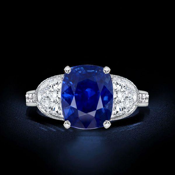 Cushion Cut Blue Sapphire Three Stone Engagement Ring - Sterling Silver