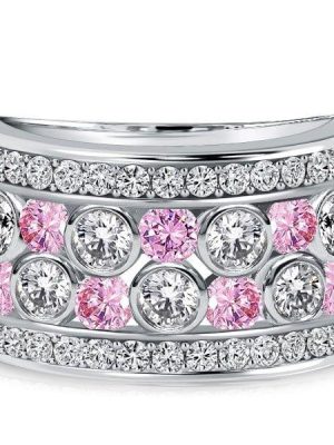 Bezel Set White & Pink Stone Half Eternity Wedding Band in Sterling Silver