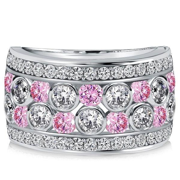Bezel Set White & Pink Stone Half Eternity Wedding Band in Sterling Silver