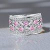 Bezel Set White & Pink Stone Half Eternity Wedding Band in Sterling Silver