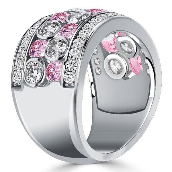 Bezel Set White & Pink Stone Half Eternity Wedding Band in Sterling Silver