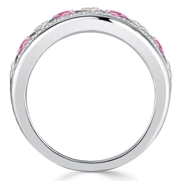 Bezel Set White & Pink Stone Half Eternity Wedding Band in Sterling Silver