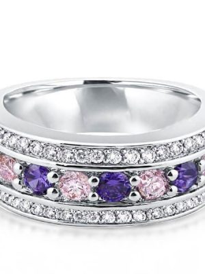 Pink Sapphire & Amethyst Wedding Band - Silver Plated