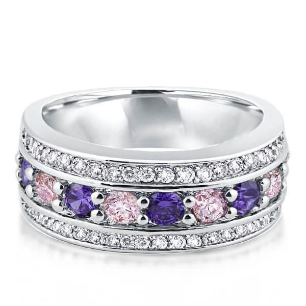 Pink Sapphire & Amethyst Wedding Band - Silver Plated