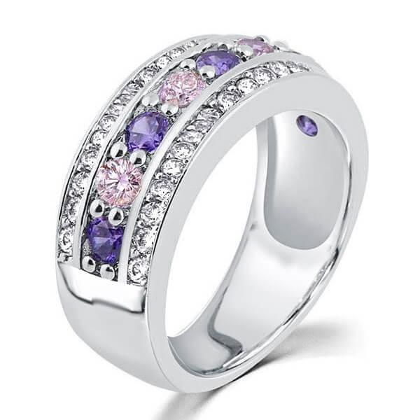 Pink Sapphire & Amethyst Wedding Band - Silver Plated