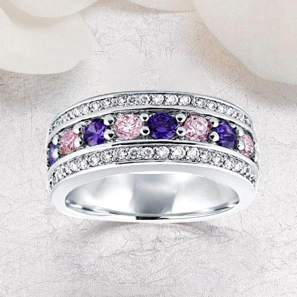 Pink Sapphire & Amethyst Wedding Band - Silver Plated