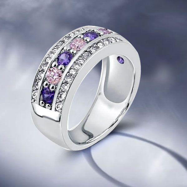 Pink Sapphire & Amethyst Wedding Band - Silver Plated