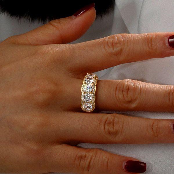 Golden White Sapphire Cushion Halo Wedding Band - 18K Gold Plated Sterling Silver