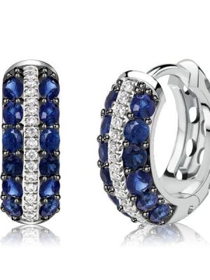 Blue & White Round Huggie Hoop Earrings in Sterling Silver