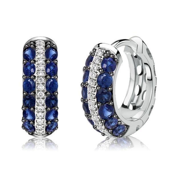 Blue & White Round Huggie Hoop Earrings in Sterling Silver
