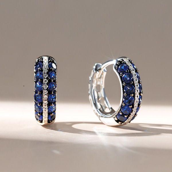Blue & White Round Huggie Hoop Earrings in Sterling Silver