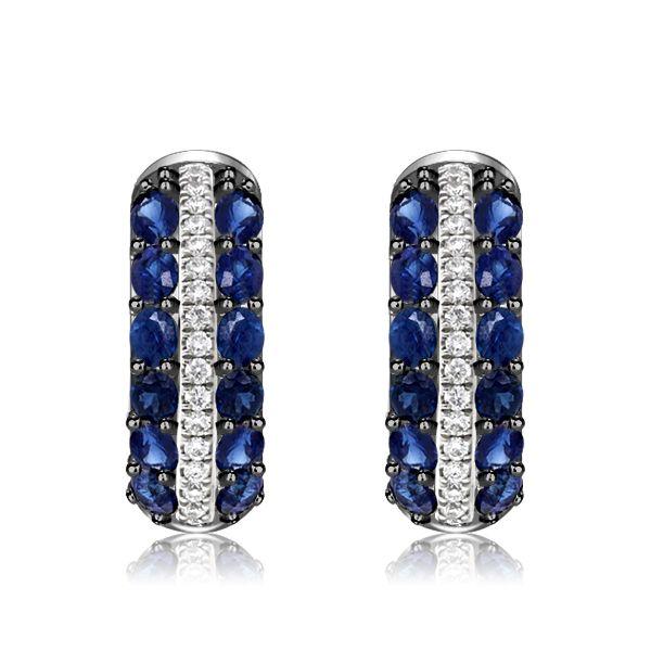 Blue & White Round Huggie Hoop Earrings in Sterling Silver