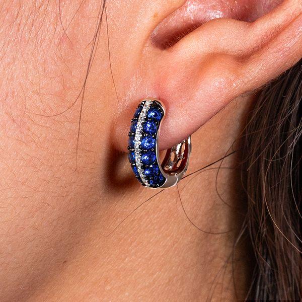 Blue & White Round Huggie Hoop Earrings in Sterling Silver