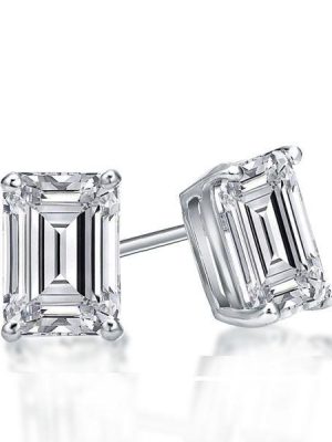 Emerald & White Sapphire Stud Earrings in 925 Sterling Silver