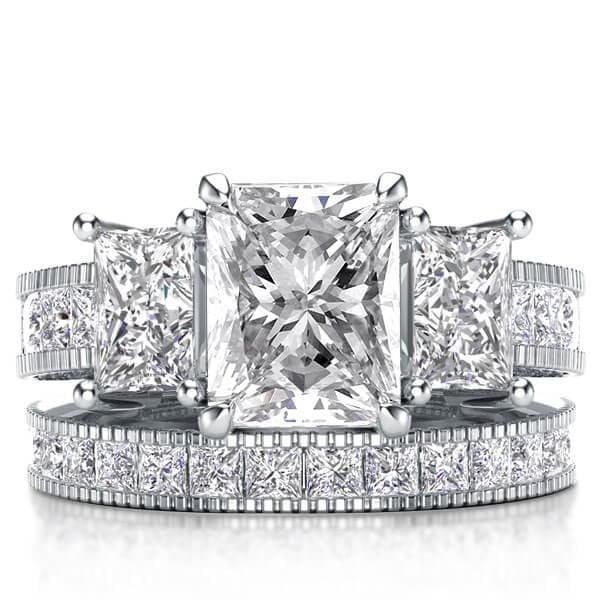 Milgrain Three Stone Bridal Set with 2.50 CT Created White Sapphire in Sterling Silver