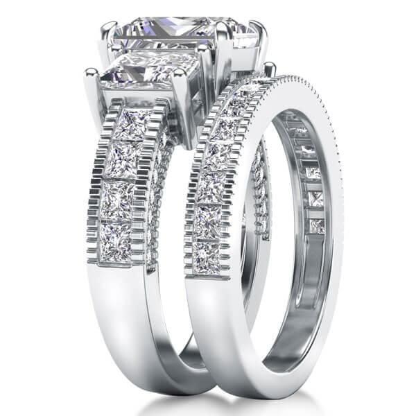 Milgrain Three Stone Bridal Set with 2.50 CT Created White Sapphire in Sterling Silver
