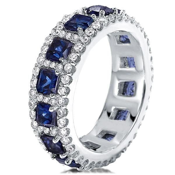 Halo Blue Asscher Cut Eternity Wedding Band in Sterling Silver