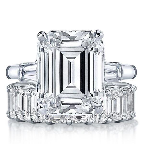 Emerald Cut Three Stone Bridal Set - 925 Sterling Silver