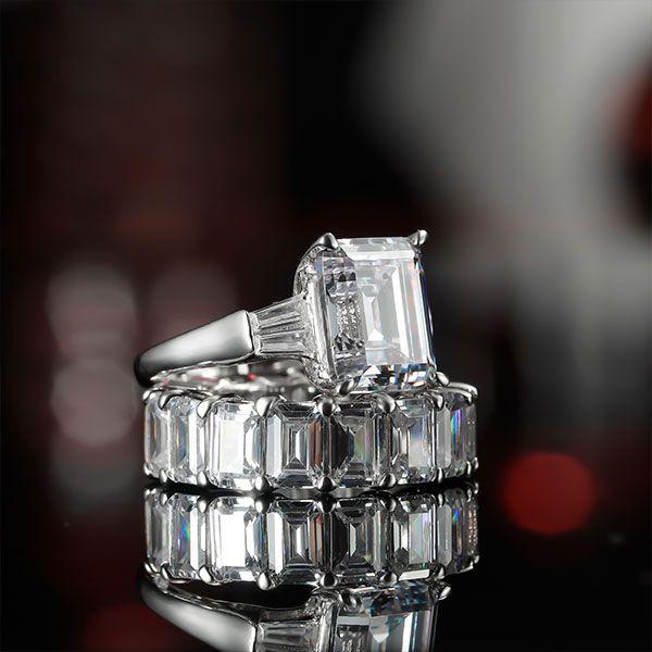 Emerald Cut Three Stone Bridal Set - 925 Sterling Silver