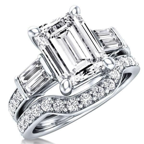 Five Stone White Sapphire Bridal Set - Sterling Silver Engagement Ring