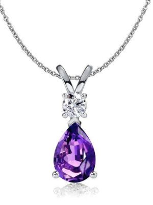 Teardrop Pear Cut Amethyst Pendant Necklace in Rhodium Plated 925 Sterling Silver