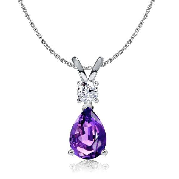Teardrop Pear Cut Amethyst Pendant Necklace in Rhodium Plated 925 Sterling Silver