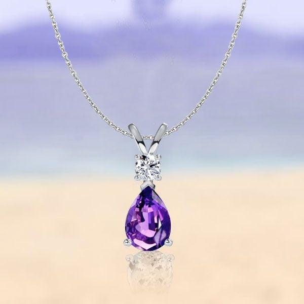 Teardrop Pear Cut Amethyst Pendant Necklace in Rhodium Plated 925 Sterling Silver