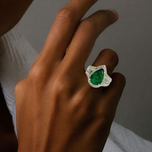 Pear Cut Green Sapphire Halo Engagement Ring in Sterling Silver