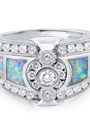 Opal Engagement Ring with Sidestones - Bezel Setting, Silver Plated