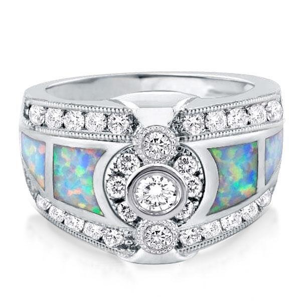 Opal Engagement Ring with Sidestones - Bezel Setting, Silver Plated