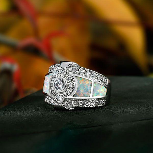 Opal Engagement Ring with Sidestones - Bezel Setting, Silver Plated