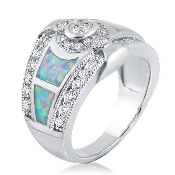 Opal Engagement Ring with Sidestones - Bezel Setting, Silver Plated