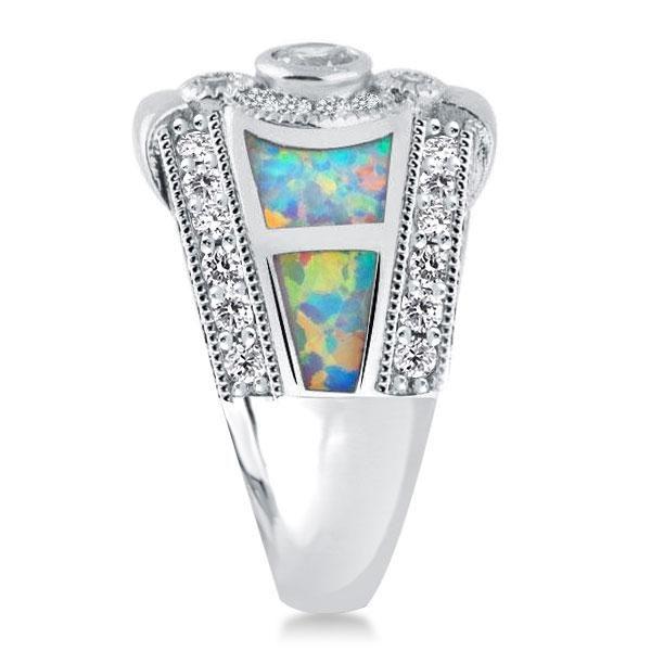 Opal Engagement Ring with Sidestones - Bezel Setting, Silver Plated