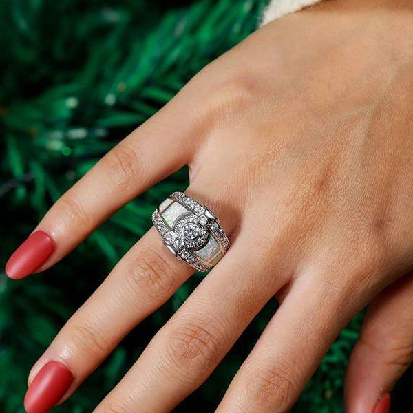 Opal Engagement Ring with Sidestones - Bezel Setting, Silver Plated