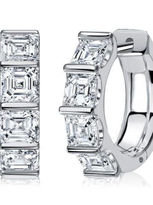 Asscher Cut Sterling Silver Hoop Earrings - Bar Setting