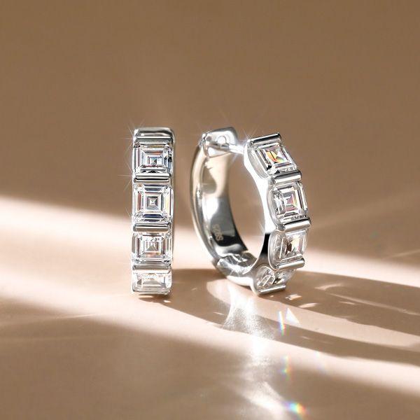 Asscher Cut Sterling Silver Hoop Earrings - Bar Setting