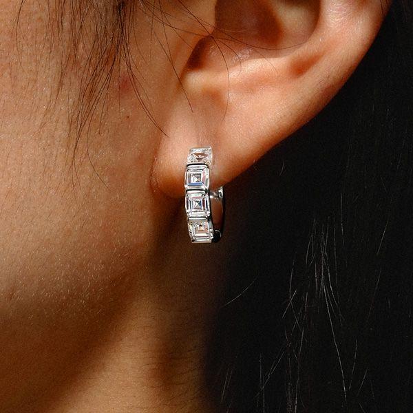 Asscher Cut Sterling Silver Hoop Earrings - Bar Setting