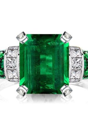 Two-Tone Emerald Cut Simulated Emerald & Sapphire Engagement Ring - Sterling Silver